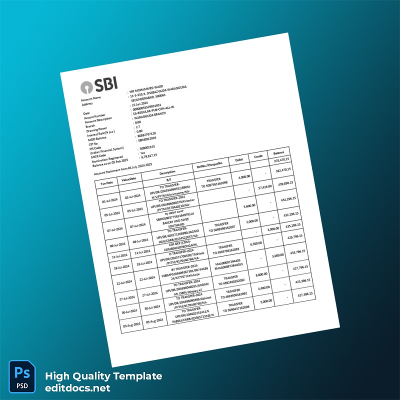 India SBI Account Statement Template in Word and PDF formats