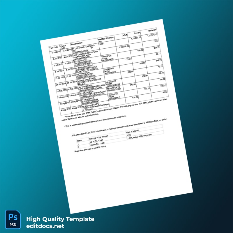 India SBI Bank Statement Template in Word and PDF formats page 7
