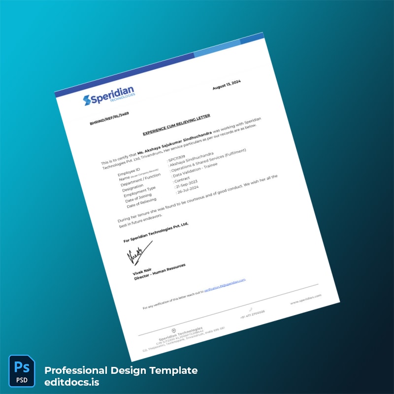Editable India Speridian Technologies Pvt Ltd Relieving Letter Template (Word&PDF) Page Preview - EditDocs