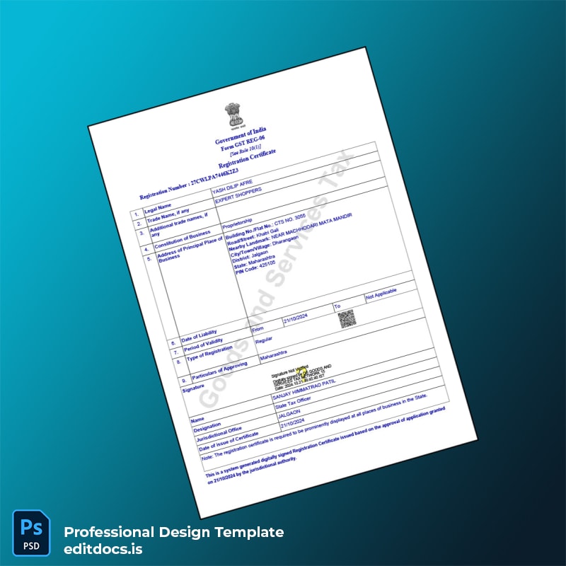 Editable India State Tax Authority GST Registration Certificate Template (Word&PDF) Page Preview - EditDocs