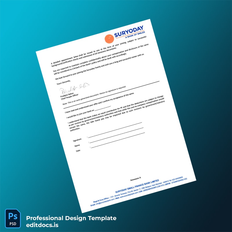 Editable India Suryoday Small Finance Bank Employment Verification Letter Template in Word and PDF formats page 2 Page Preview - EditDocs