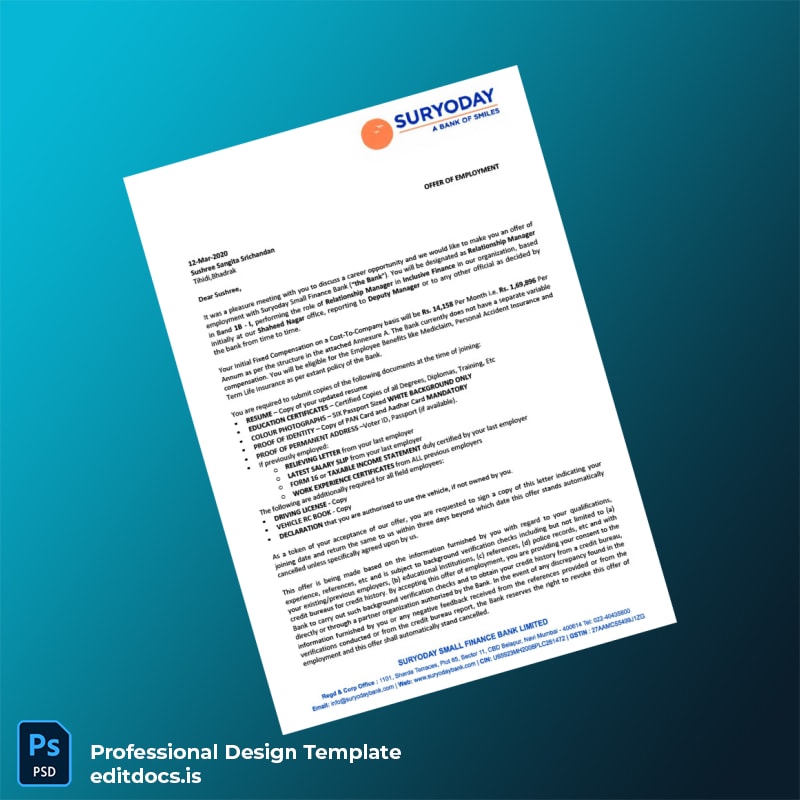 Editable India Suryoday Small Finance Bank Employment Verification Letter Template (Word&PDF) Page Preview - EditDocs