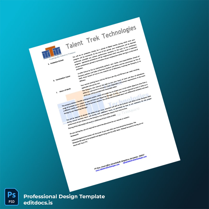 Editable India Talent Trek Technologies Employment Verification Letter Template in Word and PDF formats page 2 Page Preview - EditDocs