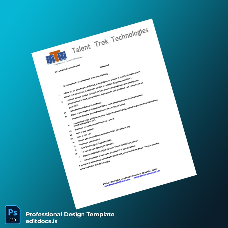 Editable India Talent Trek Technologies Employment Verification Letter Template in Word and PDF formats page 5 Page Preview - EditDocs
