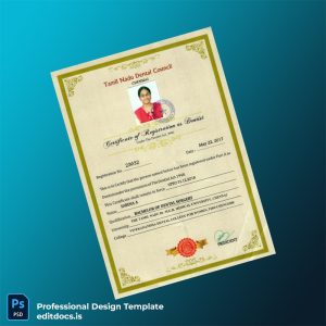 Editable India Tamil Nadu Dental Council Certificate of Registration as Dentist Template (Word&PDF) Page Preview - EditDocs
