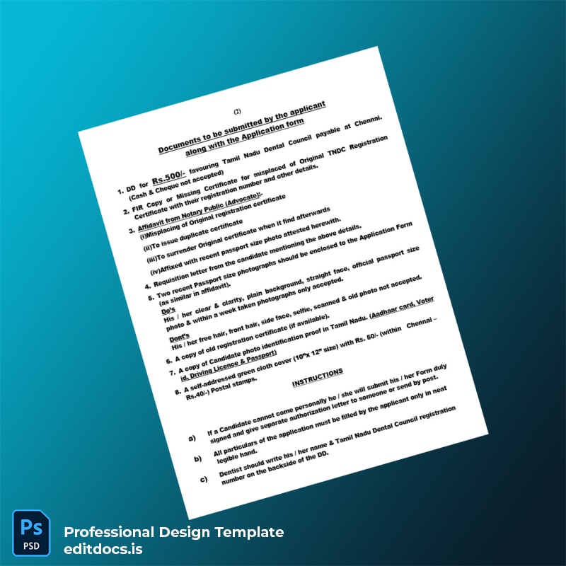 Editable India Tamil Nadu Dental Council Duplicate Registration Certificate Template in Word and PDF formats page 2 Page Preview - EditDocs