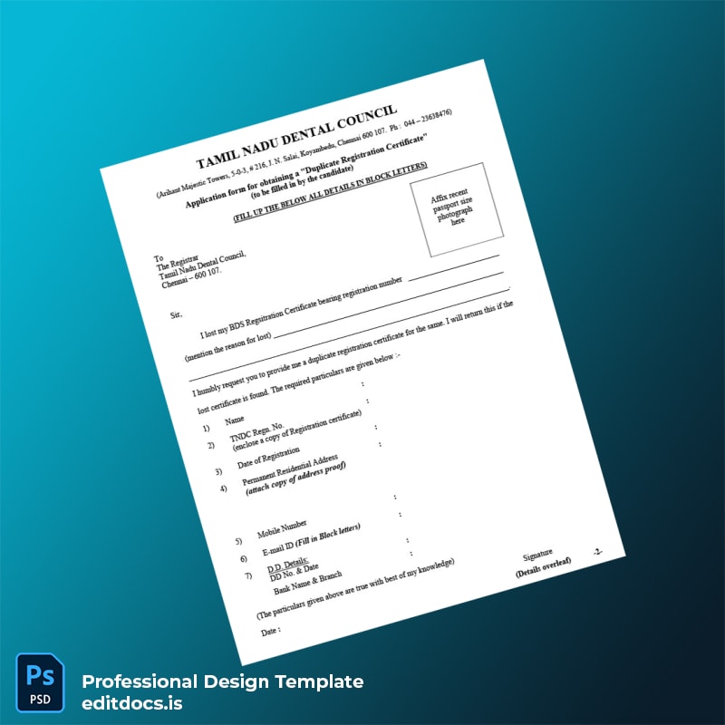 Editable India Tamil Nadu Dental Council Duplicate Registration Certificate Template (Word&PDF) Page Preview - EditDocs