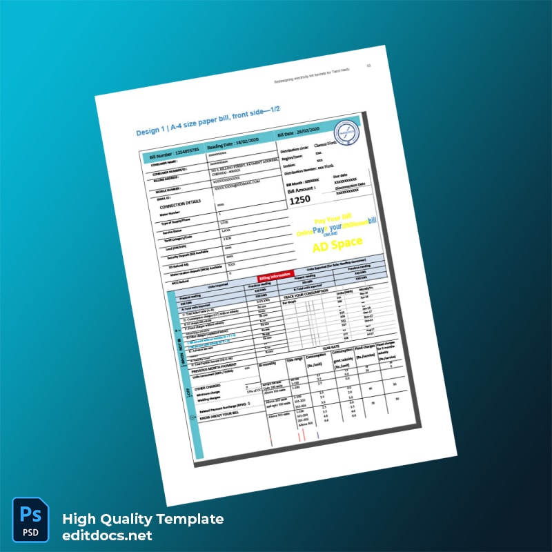 India Tamil Nadu Electricity Board Editable Electricity Bill Template in Word and PDF formats