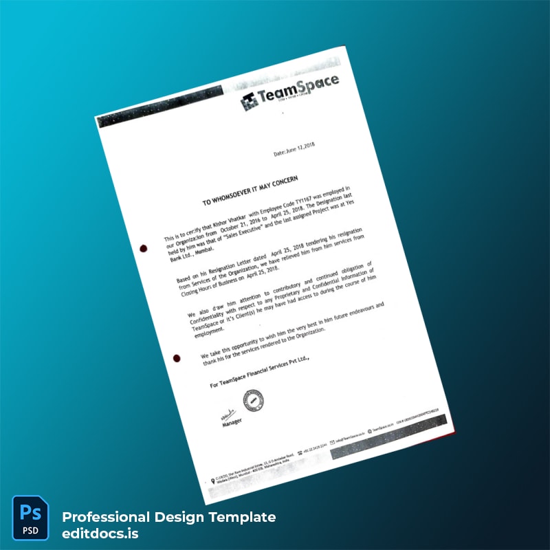Editable India TeamSpace Relieving and Offer Letter Template (Word&PDF) Page Preview - EditDocs
