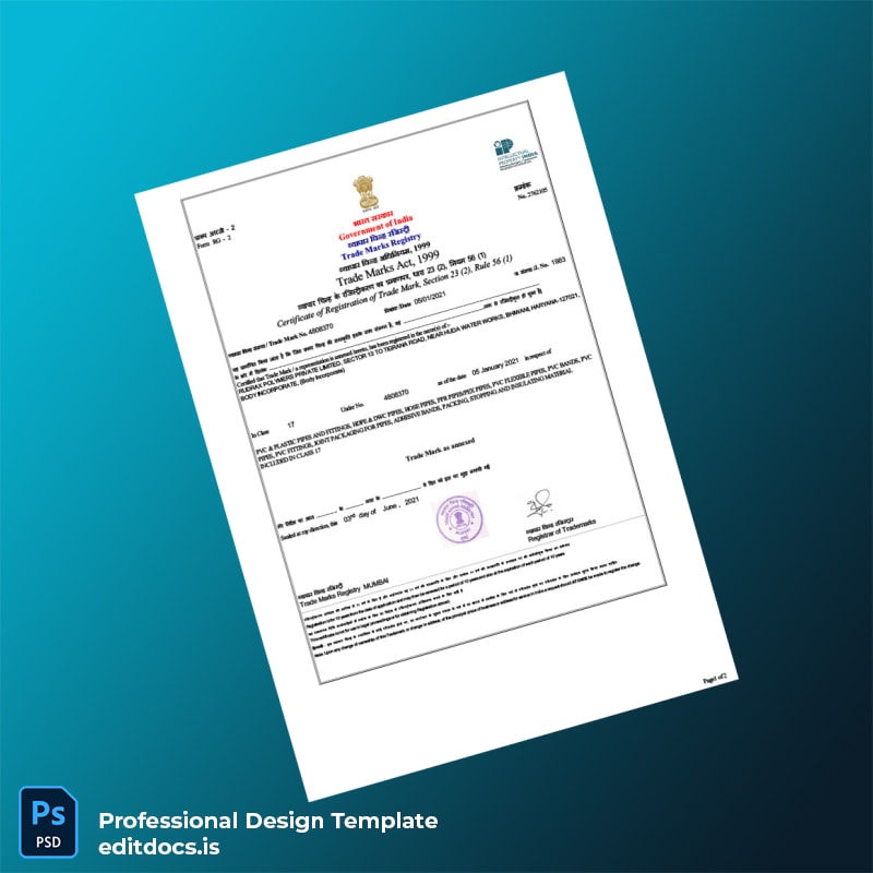 Editable India Trade Marks Registry Certificate of Registration of Trade Mark Template (Word&PDF) Page Preview - EditDocs