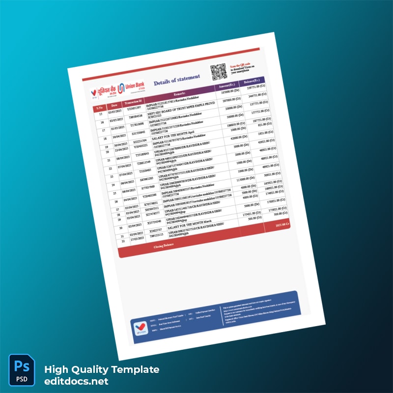 India UBI Bank Statement Template in Word and PDF formats page 2