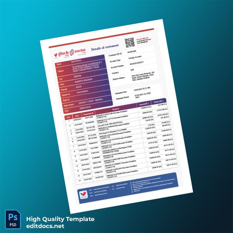 India UBI Bank Statement Template in Word and PDF formats