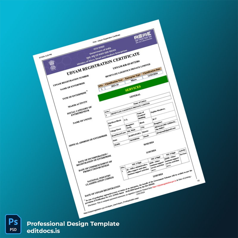 Editable India UDYAM MSME Registration Certificate Template (Word&PDF) Page Preview - EditDocs