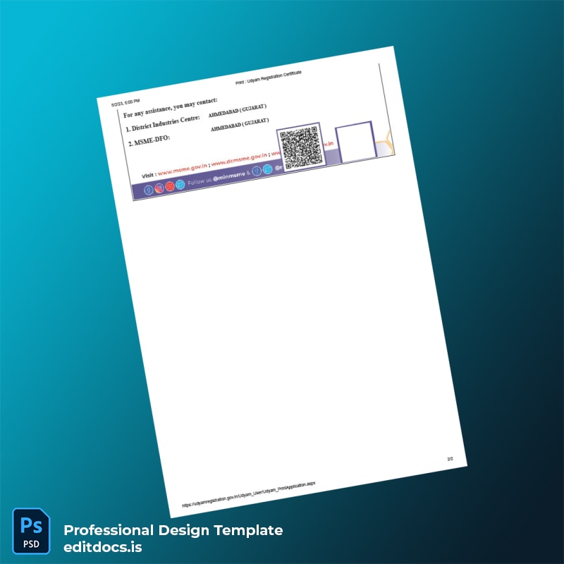 Editable India Udyam Registration Certificate Template in Word and PDF formats page 2 Page Preview
