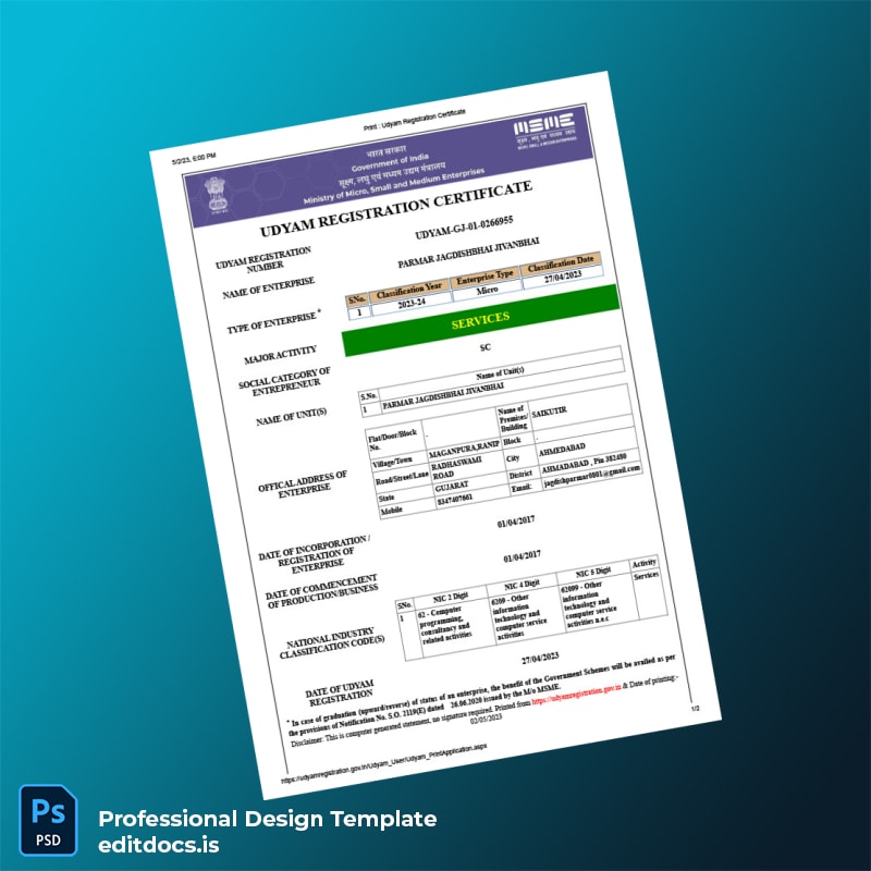 Editable India Udyam Registration Certificate Template (Word&PDF) Page Preview
