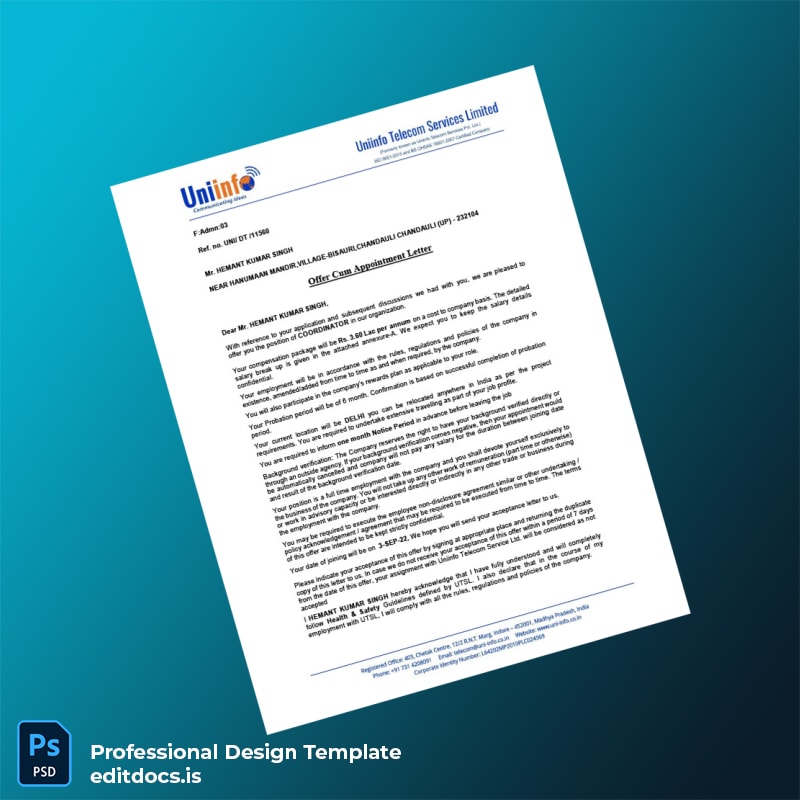 Editable India Uniinfo Telecom Services Ltd Employment Verification Letter Template (Word&PDF) Page Preview - EditDocs