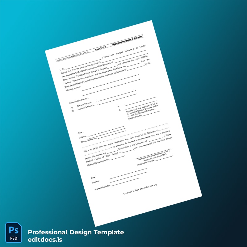 Editable India West Bengal Medical Council Application for Change of Surname Template in Word and PDF formats page 2 Page Preview - EditDocs