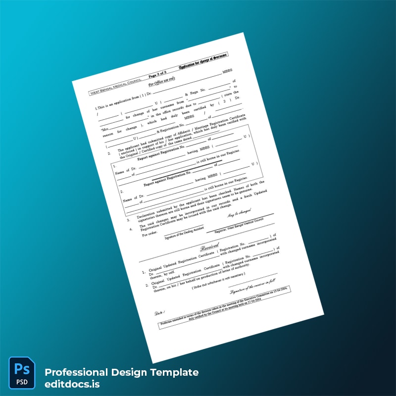 Editable India West Bengal Medical Council Application for Change of Surname Template in Word and PDF formats page 3 Page Preview - EditDocs
