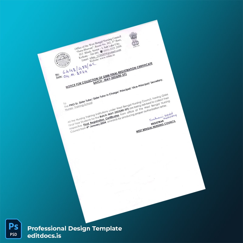 Editable India West Bengal Nursing Council Final Registration Certificate Template (Word&PDF) Page Preview - EditDocs