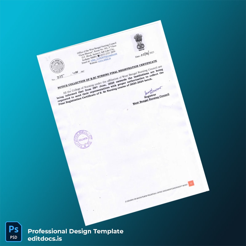 Editable India West Bengal Nursing Council Registration Certificate Template (Word&PDF) Page Preview - EditDocs