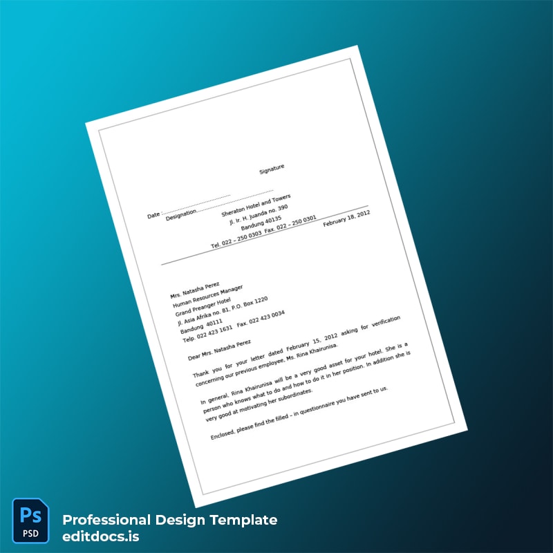 Editable Indonesia Grand Preanger Hotel Employment Verification Letter Template in Word and PDF formats page 3 Page Preview - EditDocs