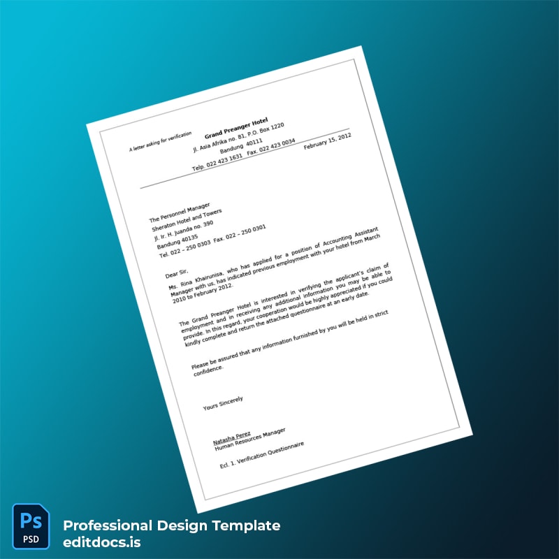 Editable Indonesia Grand Preanger Hotel Employment Verification Letter Template (Word&PDF) Page Preview - EditDocs