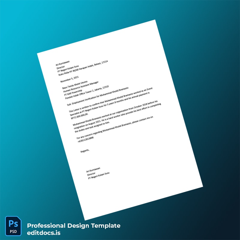 Editable Indonesia PT Negeri Kolam Susu Employment Verification Letter Template (Word&PDF) Page Preview - EditDocs