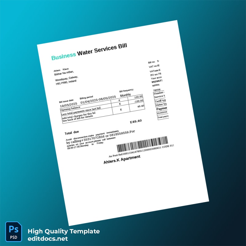 Ireland Ahlers K Apartment Editable Water Bill Template in Word and PDF formats