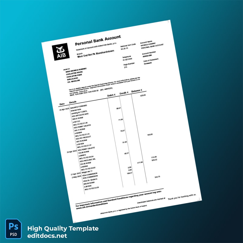 Ireland Allied Irish Banks Bank Statement Template in Word and PDF formats page 3
