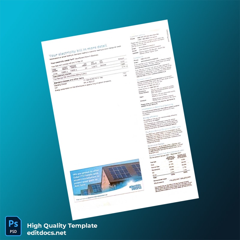 Ireland Electric Ireland Editable Electricity Bill Template in Word and PDF formats page 2