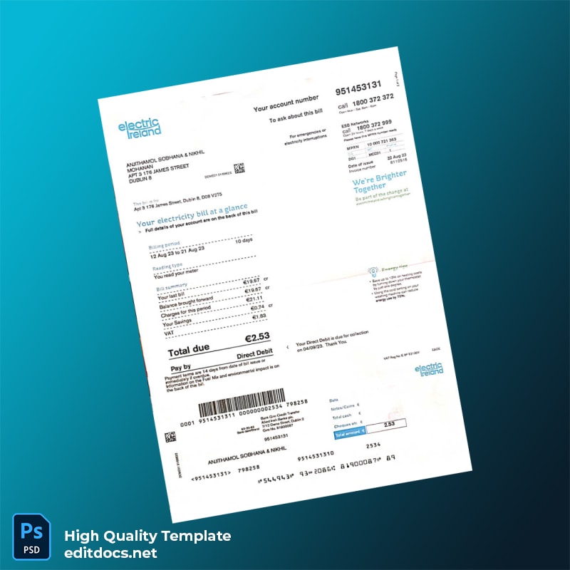 Ireland Electric Ireland Editable Electricity Bill Template in Word and PDF formats