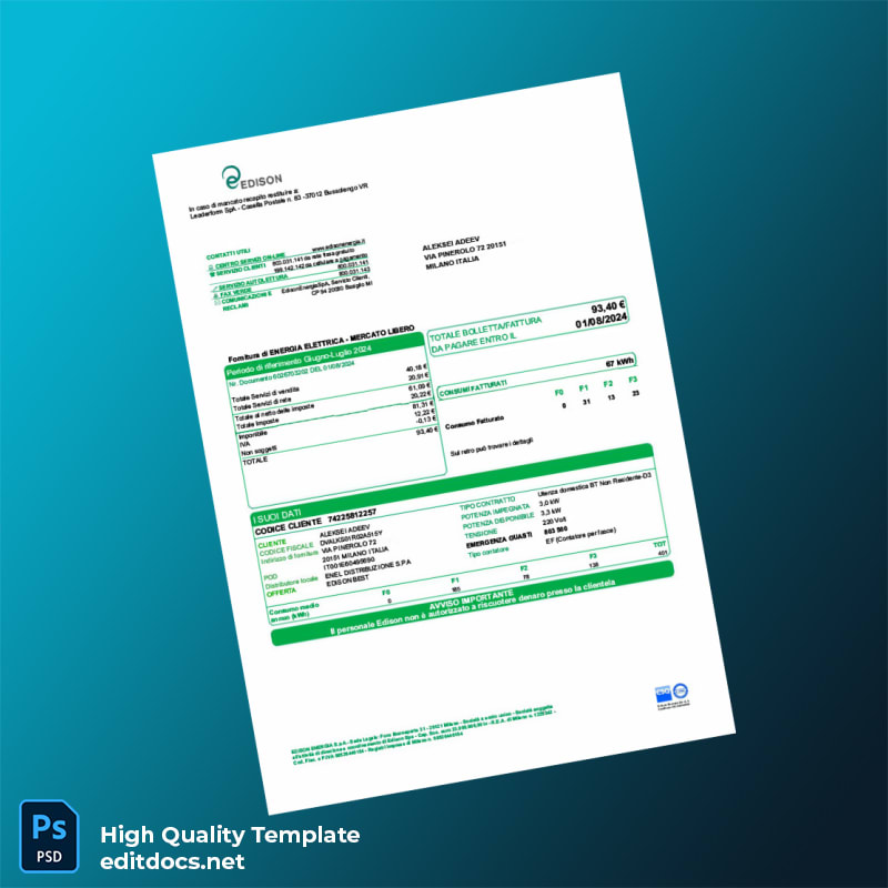 Italy Edison Energia S P A Editable Electricity Bill Template in Word and PDF formats