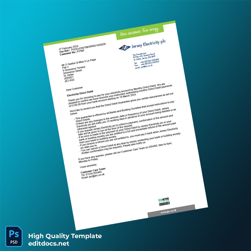 Jersey Jersey Electricity Plc Editable Electricity Bill Template in Word and PDF formats