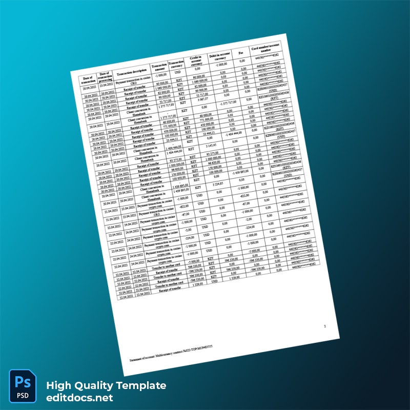 Kazakhstan Halyk Savings Bank Account Statement Template in Word and PDF formats page 2