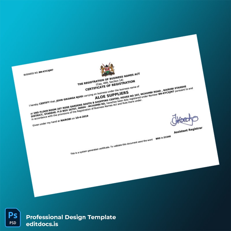 Editable Kenya Assistant Registrar Business Registration Certificate Template (Word&PDF) Page Preview