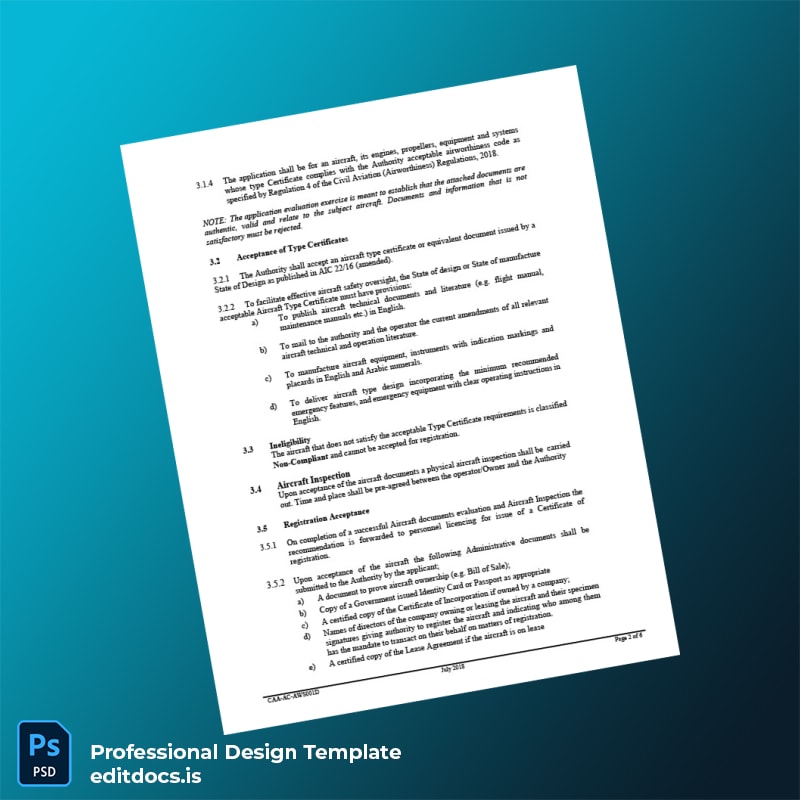 Editable Kenya CAA Aircraft Registration Certificate Template in Word and PDF formats page 2 Page Preview