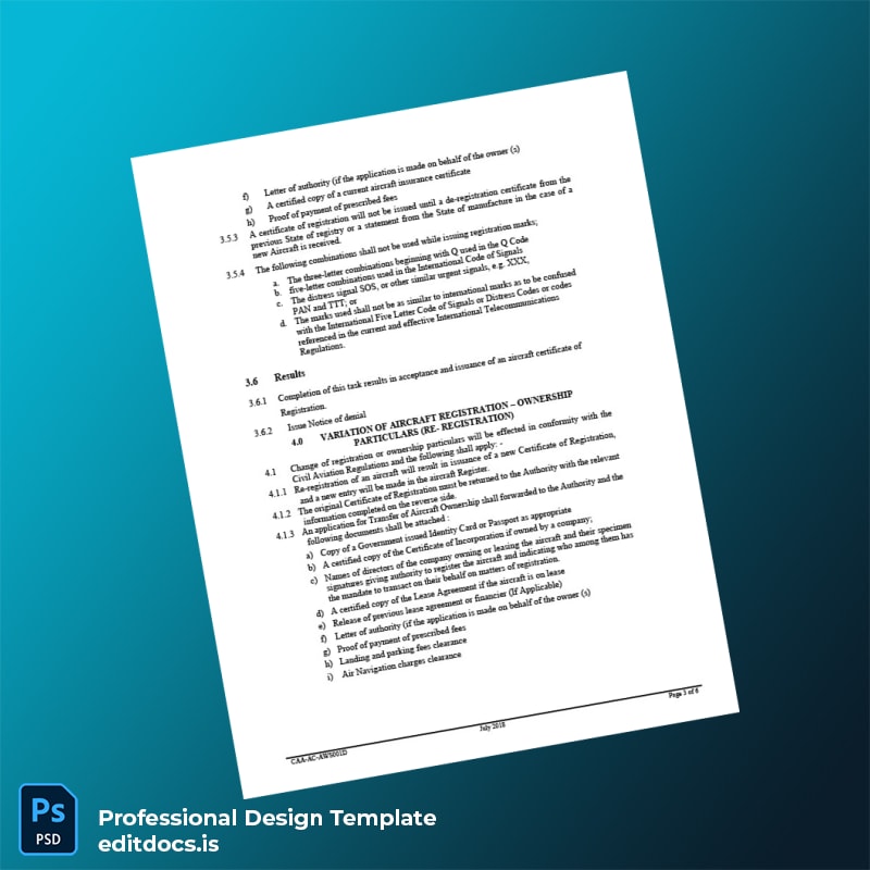 Editable Kenya CAA Aircraft Registration Certificate Template in Word and PDF formats page 3 Page Preview