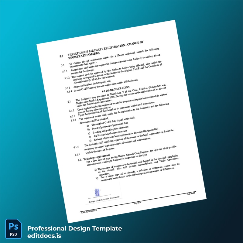 Editable Kenya CAA Aircraft Registration Certificate Template in Word and PDF formats page 4 Page Preview