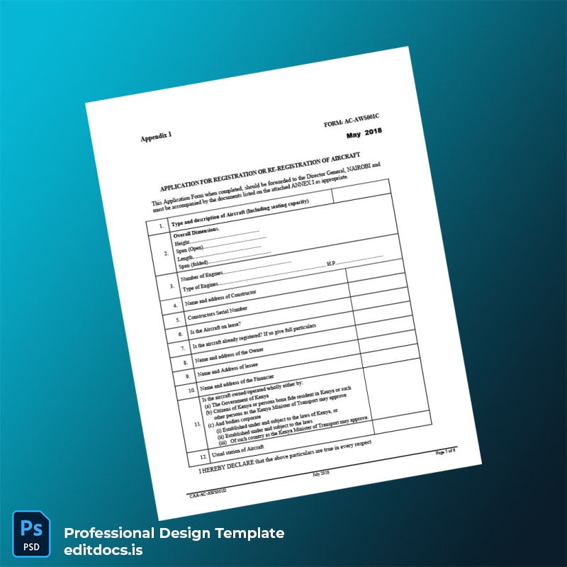 Editable Kenya CAA Aircraft Registration Certificate Template in Word and PDF formats page 5 Page Preview