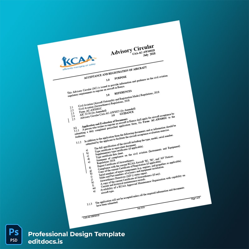 Editable Kenya CAA Aircraft Registration Certificate Template (Word&PDF) Page Preview