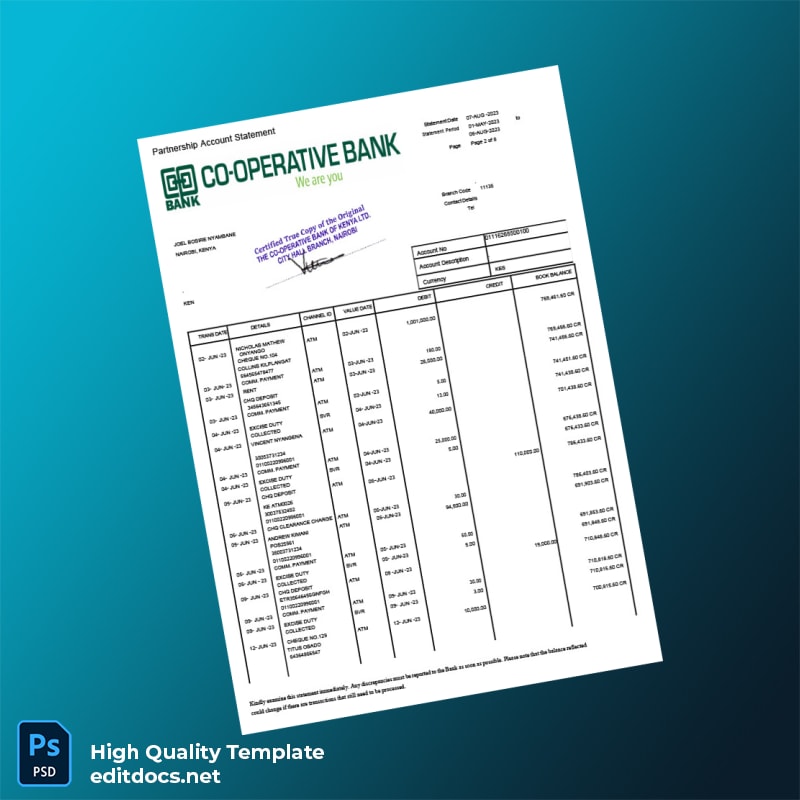 Kenya Co-operative Bank Statement Template in Word and PDF formats page 2