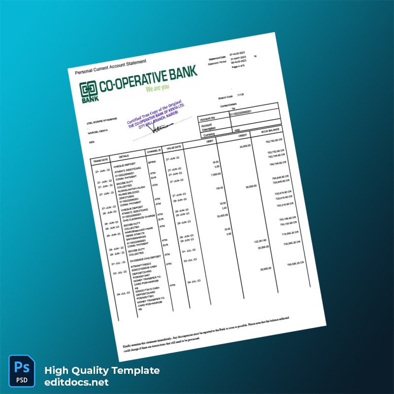 Kenya Co-operative Bank Statement Template in Word and PDF formats page 4