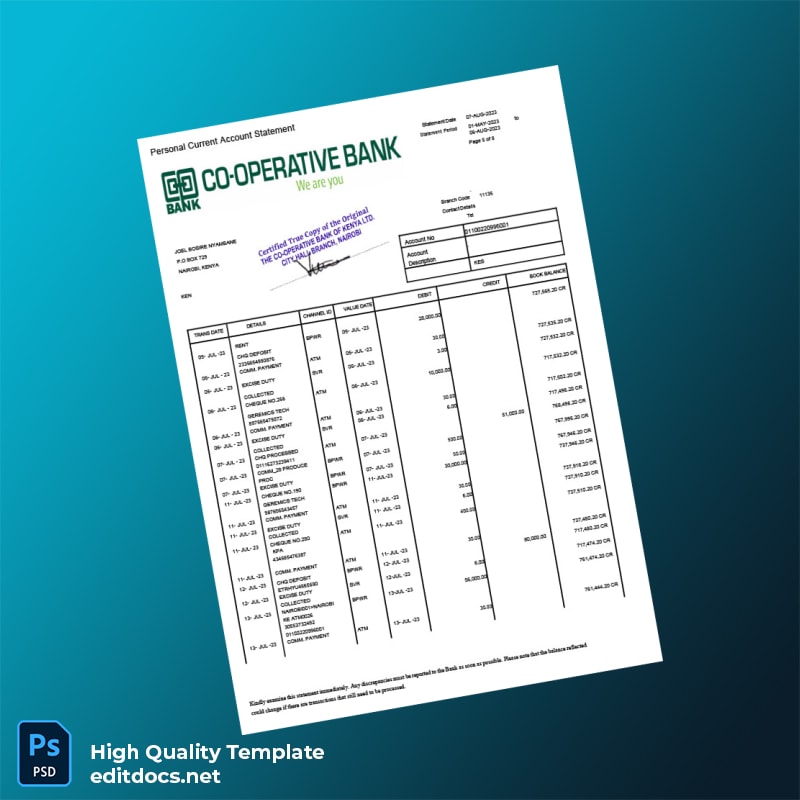 Kenya Co-operative Bank Statement Template in Word and PDF formats page 5