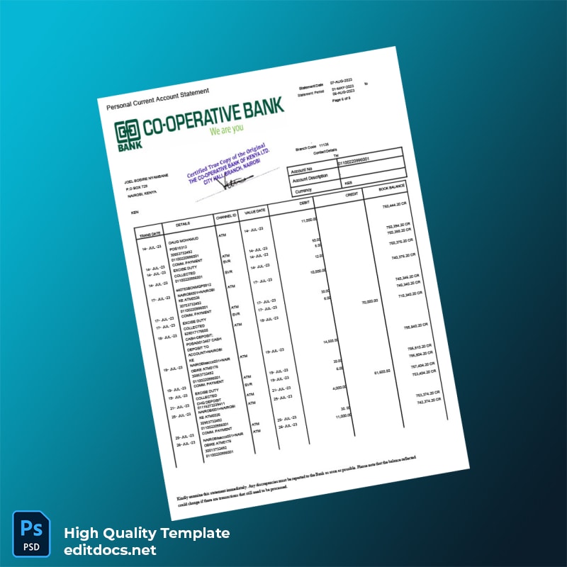Kenya Co-operative Bank Statement Template in Word and PDF formats page 6