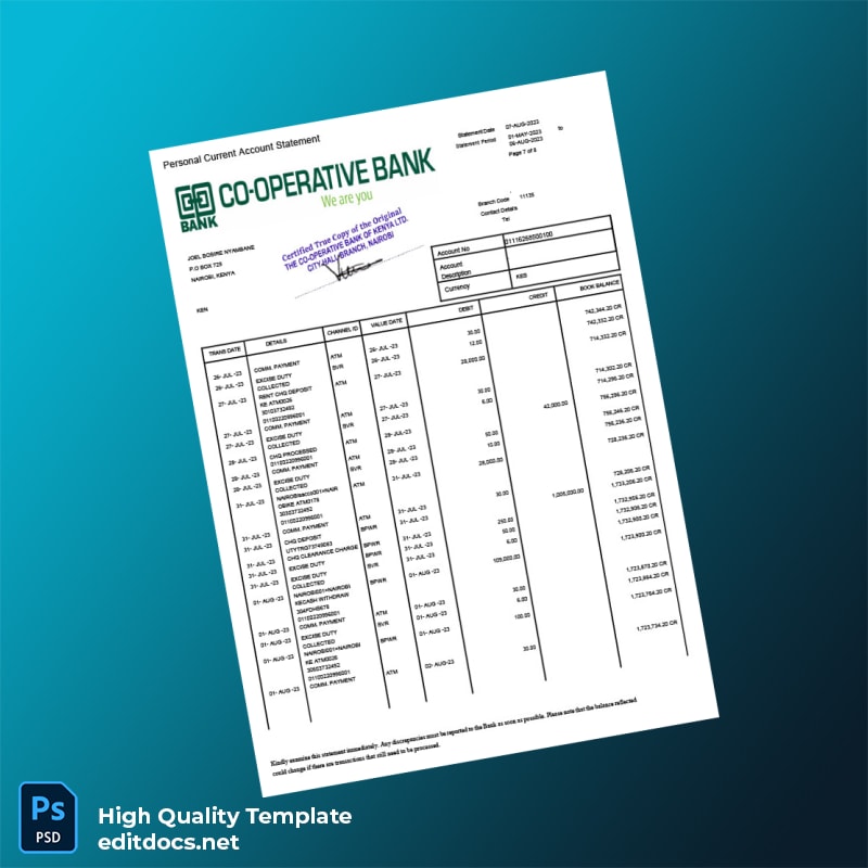 Kenya Co-operative Bank Statement Template in Word and PDF formats page 7