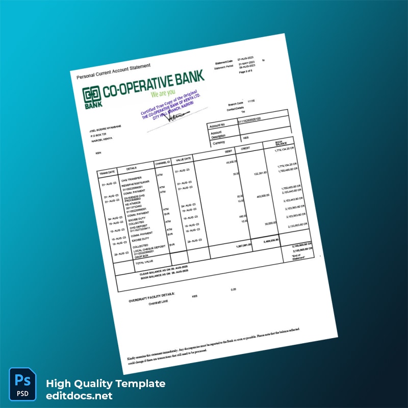 Kenya Co-operative Bank Statement Template in Word and PDF formats page 8