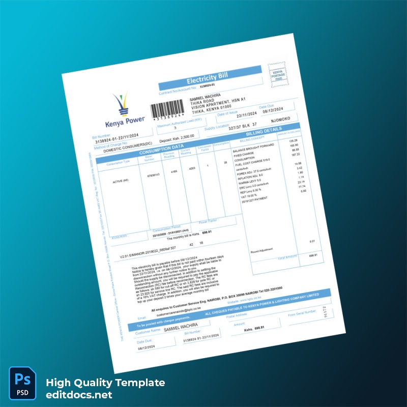 Kenya Kenya Power Lighting Company Limited Editable Utility Bill Template in Word and PDF formats
