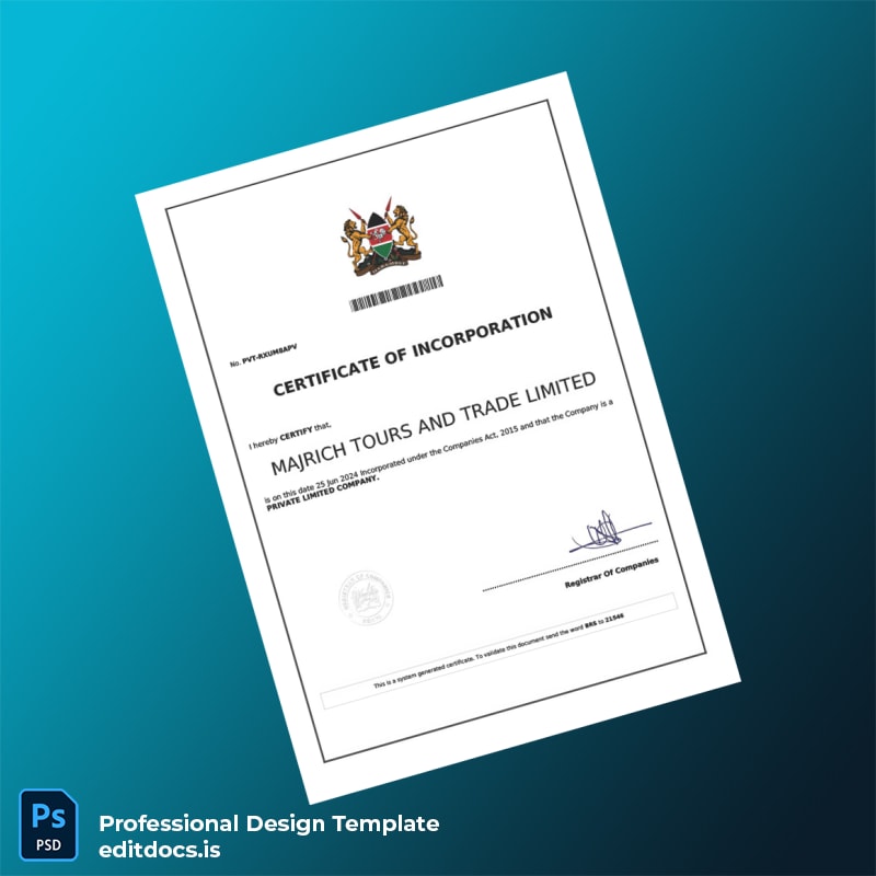 Editable Kenya Registrar of Companies Certificate of Incorporation Template (Word&PDF) Page Preview - EditDocs