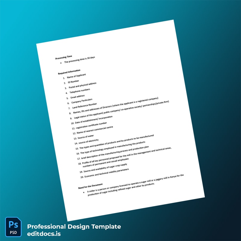 Editable Kenya Sugar Miller Registration Renewal Certificate Template in Word and PDF formats page 2 Page Preview