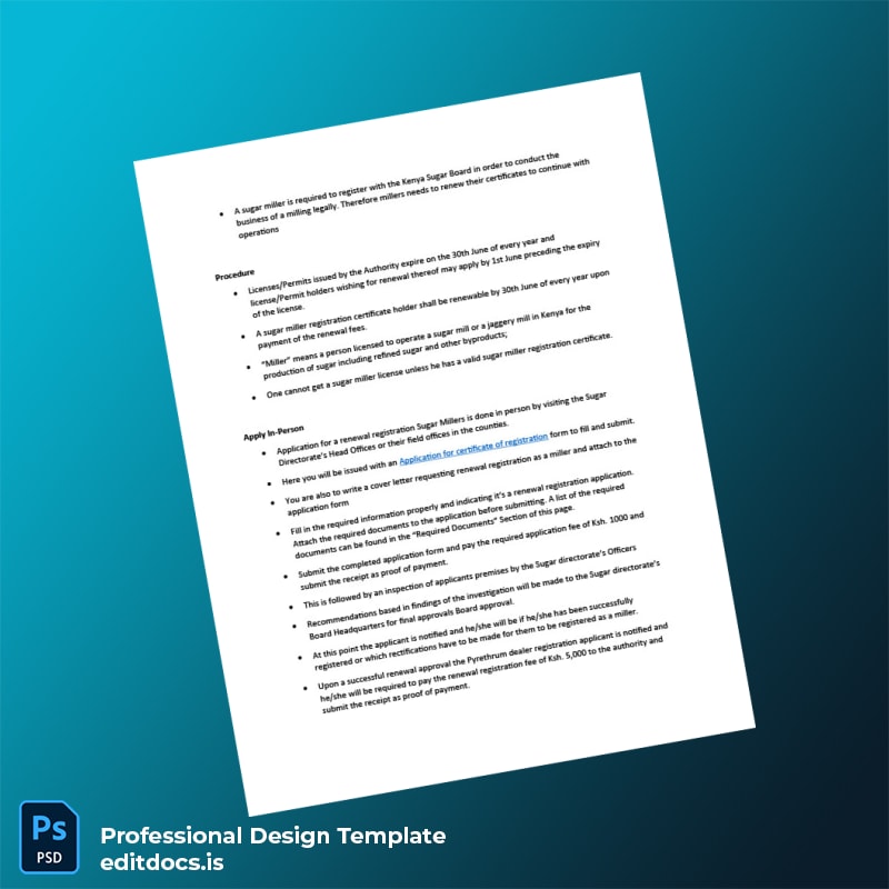 Editable Kenya Sugar Miller Registration Renewal Certificate Template in Word and PDF formats page 3 Page Preview